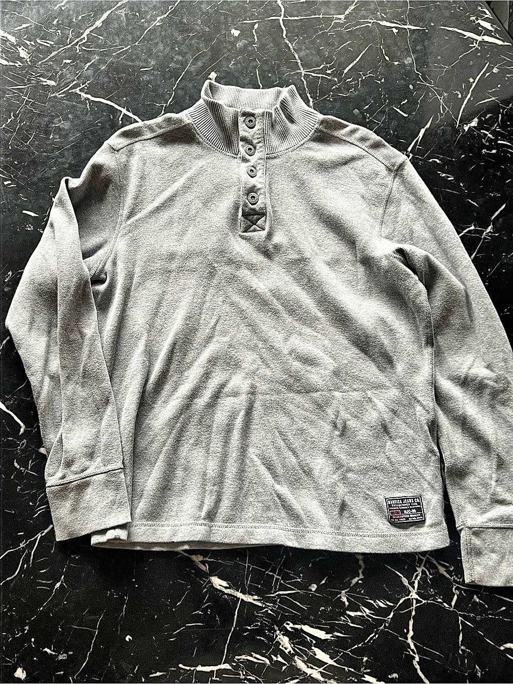 Nautica Jeans Co. Mock Neck Button Pullover Sweater. Long Sleeve Henley Gray